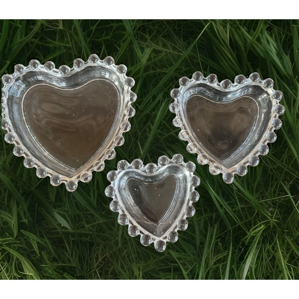 Vintage Candlewick Style Heart Glass Trinket Dish Set – 3 Sizes – Clear Glass
